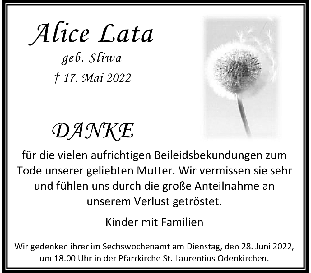  Traueranzeige für Alice Lata vom 19.06.2022 aus trauer.extra-tipp-moenchengladbach.de