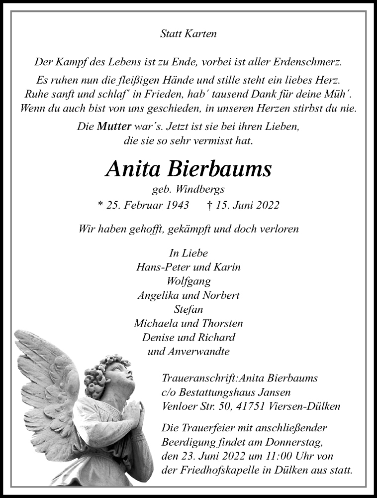  Traueranzeige für Anita Bierbaums vom 19.06.2022 aus trauer.extra-tipp-moenchengladbach.de