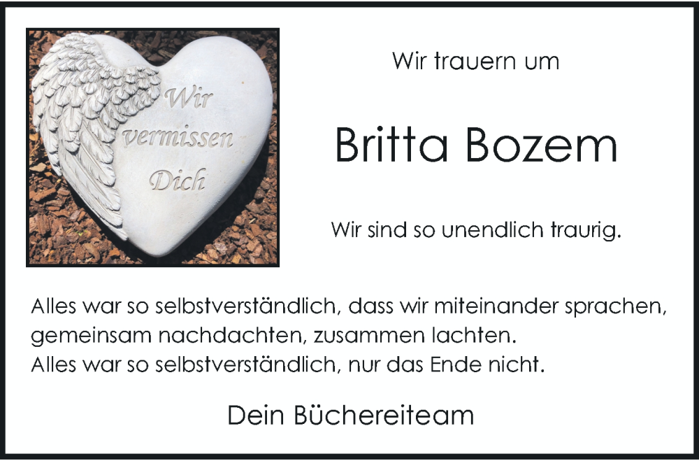  Traueranzeige für Britta Bozem vom 19.06.2022 aus trauer.extra-tipp-moenchengladbach.de