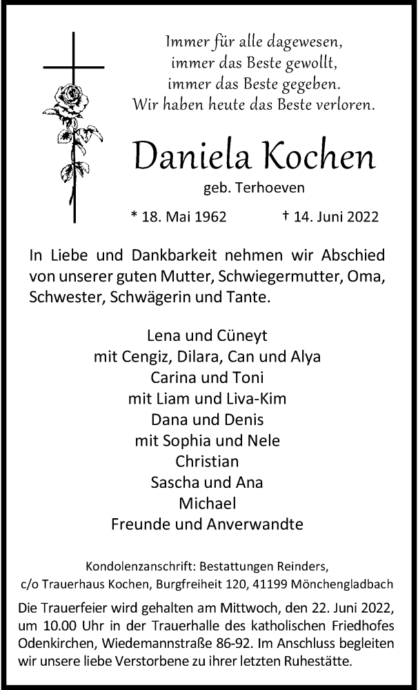  Traueranzeige für Daniela Kochen vom 19.06.2022 aus trauer.extra-tipp-moenchengladbach.de