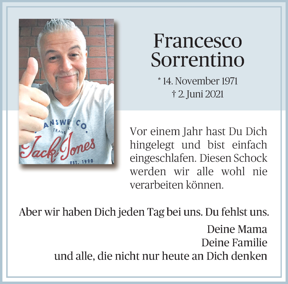  Traueranzeige für Francesco Sorrentino vom 05.06.2022 aus trauer.mein.krefeld.de