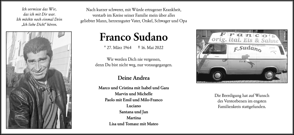  Traueranzeige für Franco Sudano vom 02.07.2022 aus trauer.wuppertaler-rundschau.de
