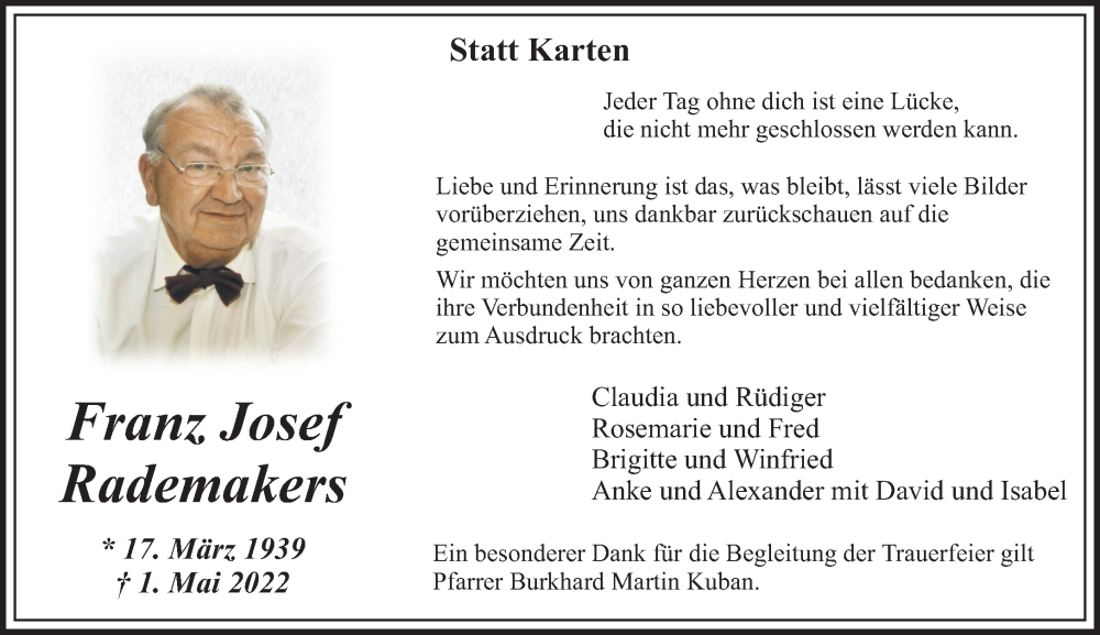  Traueranzeige für Franz Josef Rademakers vom 19.06.2022 aus trauer.extra-tipp-moenchengladbach.de