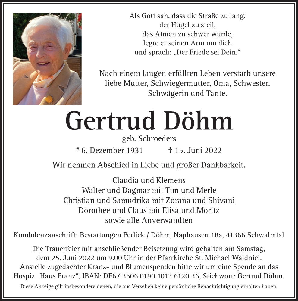  Traueranzeige für Gertrud Döhm vom 19.06.2022 aus trauer.extra-tipp-moenchengladbach.de