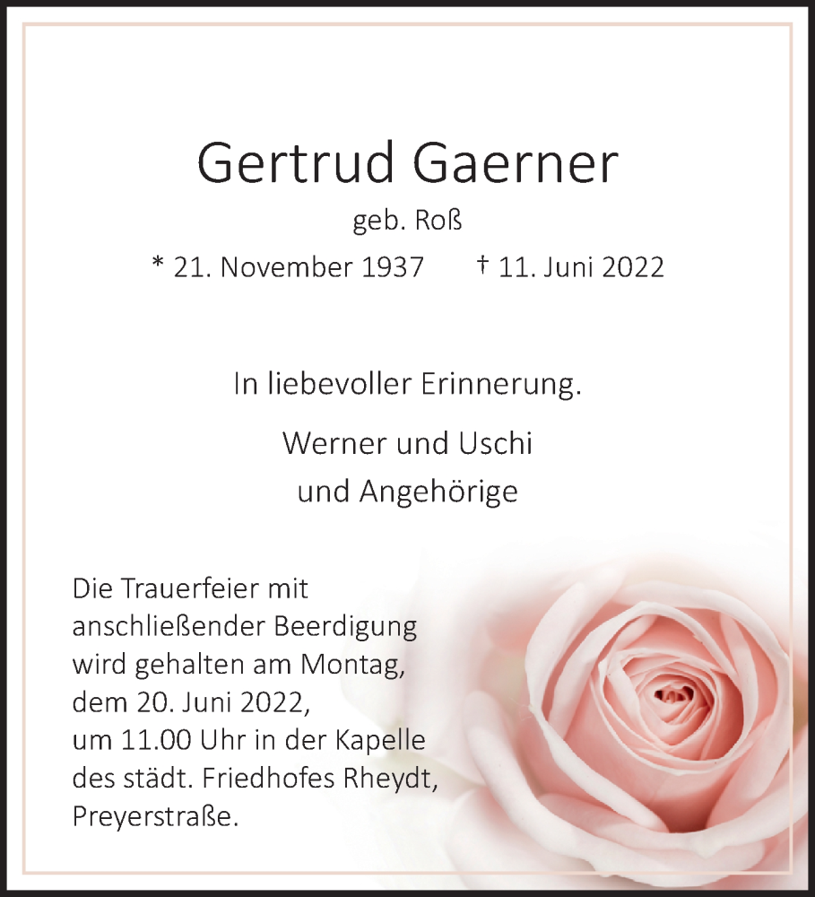  Traueranzeige für Gertrud Gaerner vom 19.06.2022 aus trauer.extra-tipp-moenchengladbach.de