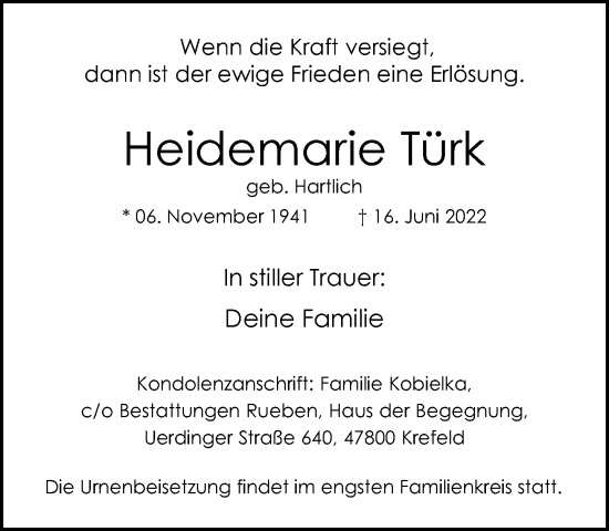 Traueranzeige von Heidemarie Türk von trauer.mein.krefeld.de