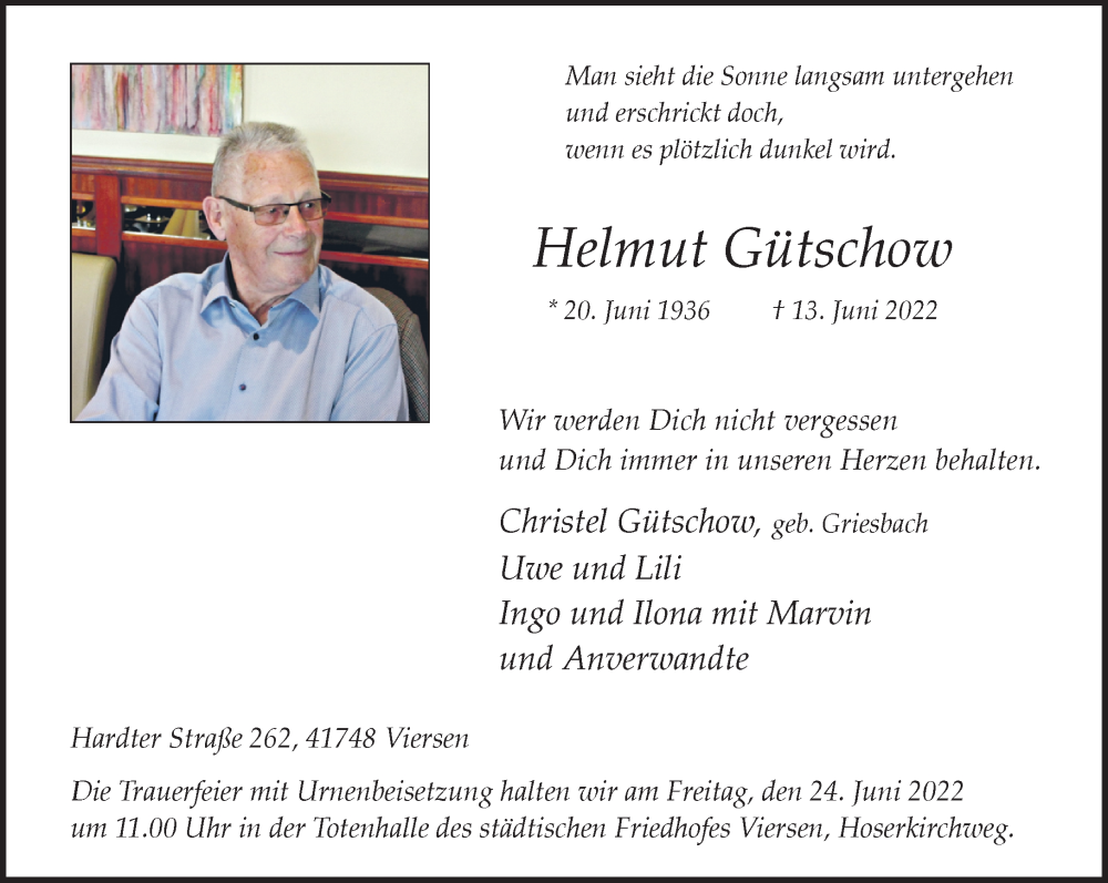  Traueranzeige für Helmut Gütschow vom 19.06.2022 aus trauer.extra-tipp-moenchengladbach.de