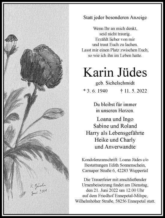 Traueranzeige von Karin Jüdes von trauer.wuppertaler-rundschau.de