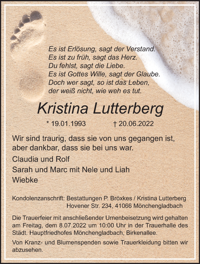  Traueranzeige für Kristina Lutterberg vom 26.06.2022 aus trauer.extra-tipp-moenchengladbach.de