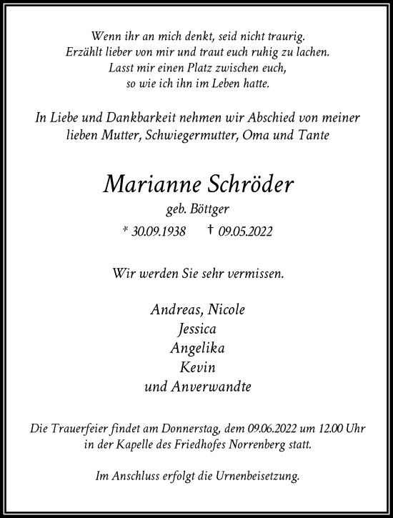 Traueranzeige von Marianne Schröder von trauer.wuppertaler-rundschau.de