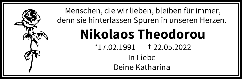  Traueranzeige für Nikolaos Theodorou vom 11.06.2022 aus trauer.wuppertaler-rundschau.de