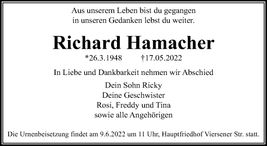 Traueranzeige von Richard Hamacher von trauer.extra-tipp-moenchengladbach.de