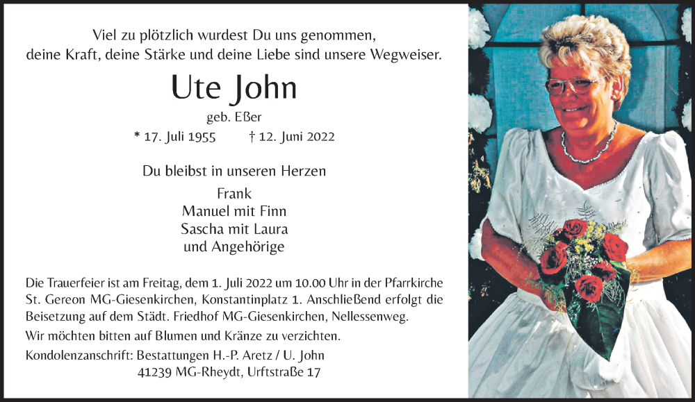  Traueranzeige für Ute John vom 19.06.2022 aus trauer.extra-tipp-moenchengladbach.de