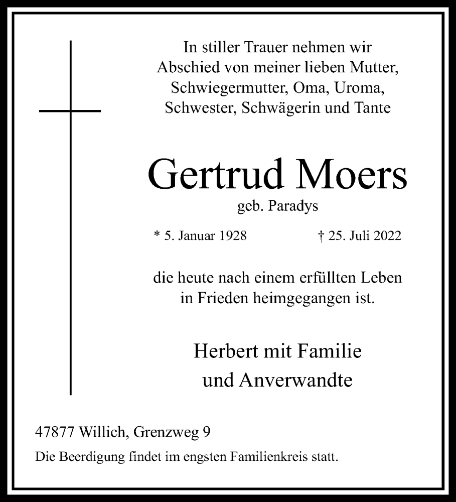  Traueranzeige für Gertrud Moers vom 31.07.2022 aus trauer.extra-tipp-moenchengladbach.de