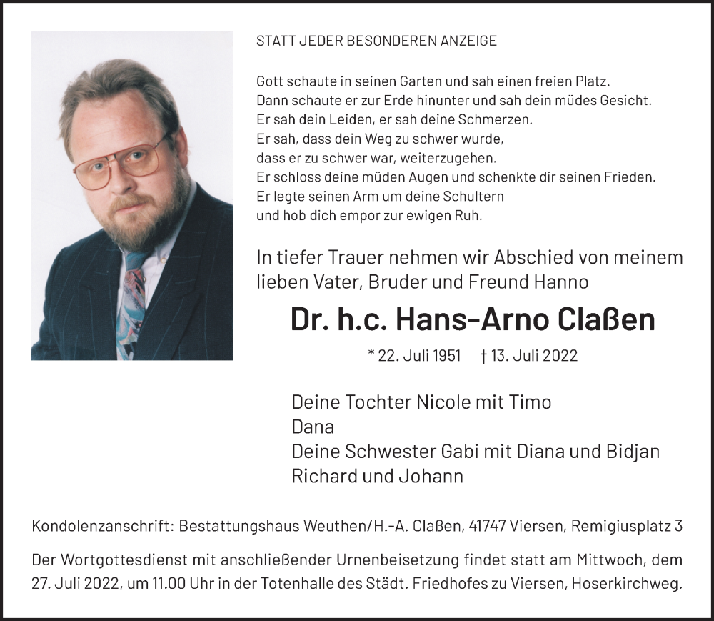  Traueranzeige für Hans-Arno Claßen vom 24.07.2022 aus trauer.extra-tipp-moenchengladbach.de