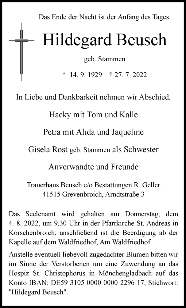  Traueranzeige für Hildegard Beusch vom 31.07.2022 aus trauer.extra-tipp-moenchengladbach.de