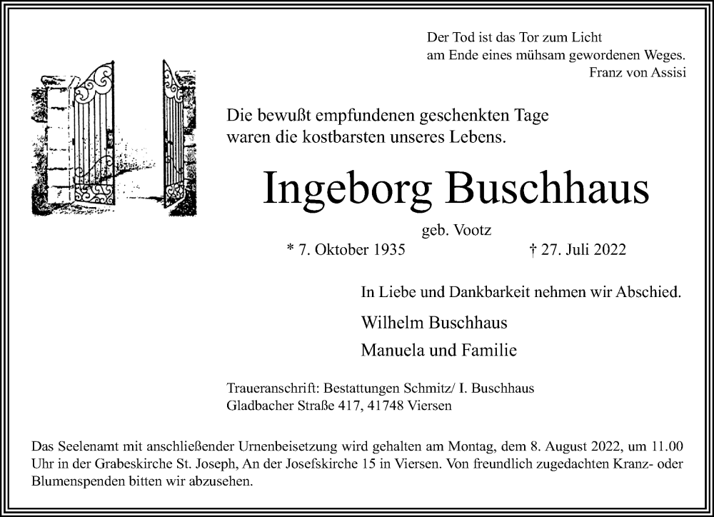  Traueranzeige für Ingeborg Buschhaus vom 31.07.2022 aus trauer.extra-tipp-moenchengladbach.de