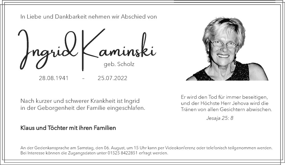  Traueranzeige für Ingrid Kaminski vom 31.07.2022 aus trauer.extra-tipp-moenchengladbach.de