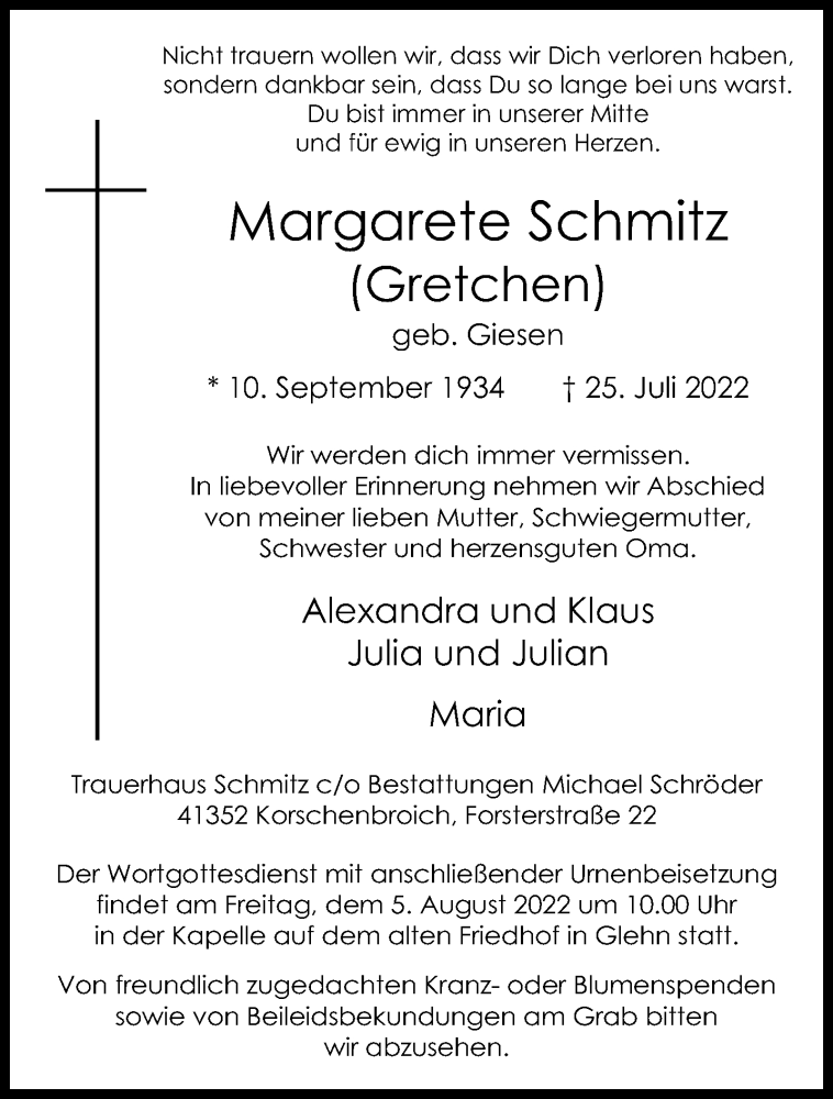  Traueranzeige für Margarete Schmitz vom 31.07.2022 aus trauer.extra-tipp-moenchengladbach.de