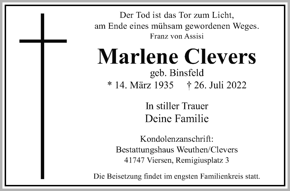  Traueranzeige für Marlene Clevers vom 31.07.2022 aus trauer.extra-tipp-moenchengladbach.de
