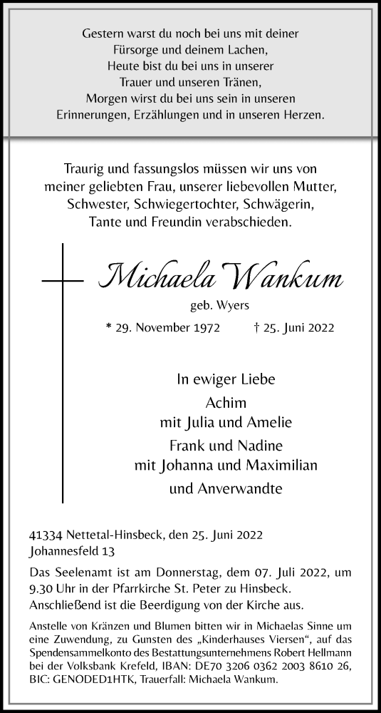  Traueranzeige für Michaela Wankum vom 03.07.2022 aus trauer.extra-tipp-moenchengladbach.de