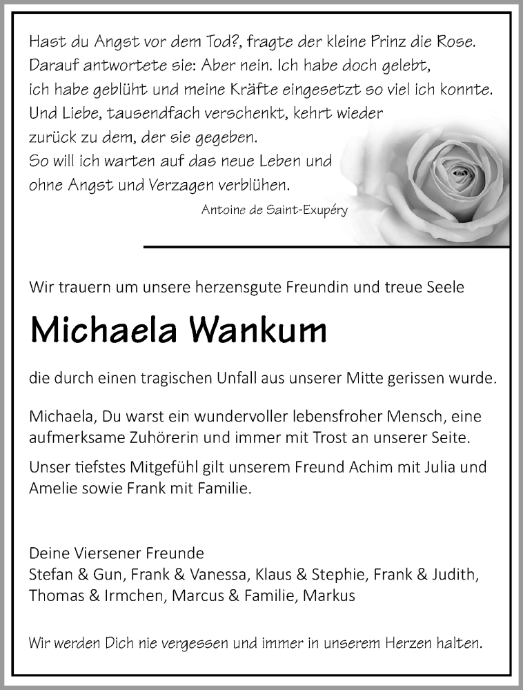  Traueranzeige für Michaela Wankum vom 10.07.2022 aus trauer.extra-tipp-moenchengladbach.de