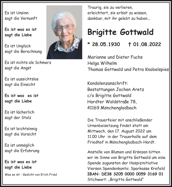 Traueranzeige von Brigitte Gottwald von trauer.extra-tipp-moenchengladbach.de
