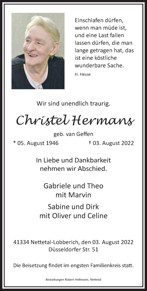 Traueranzeige von Christel Hermans von trauer.extra-tipp-moenchengladbach.de