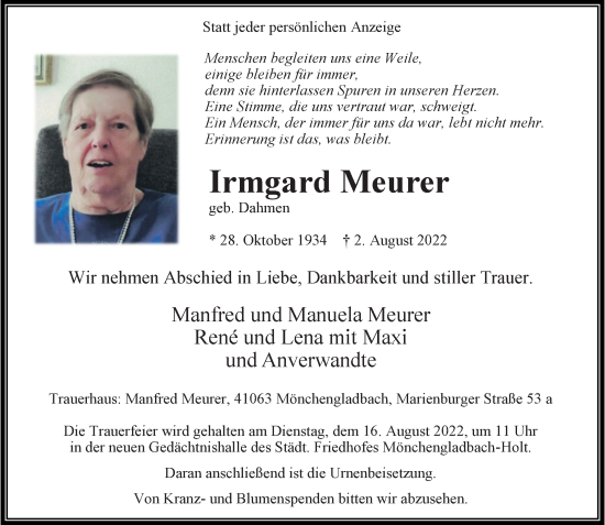 Traueranzeige von Irmgard Meurer von trauer.extra-tipp-moenchengladbach.de