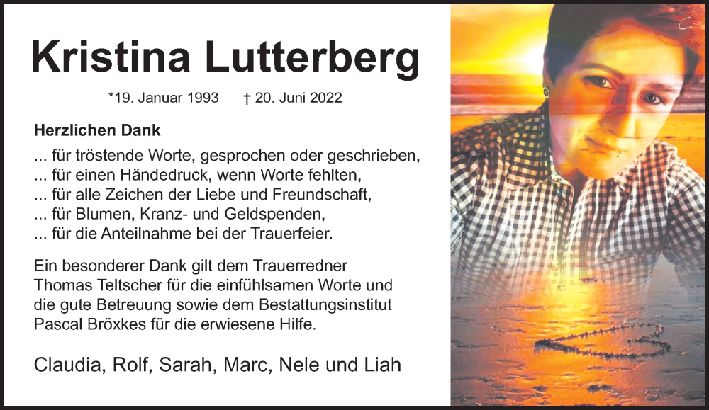  Traueranzeige für Kristina Lutterberg vom 07.08.2022 aus trauer.extra-tipp-moenchengladbach.de