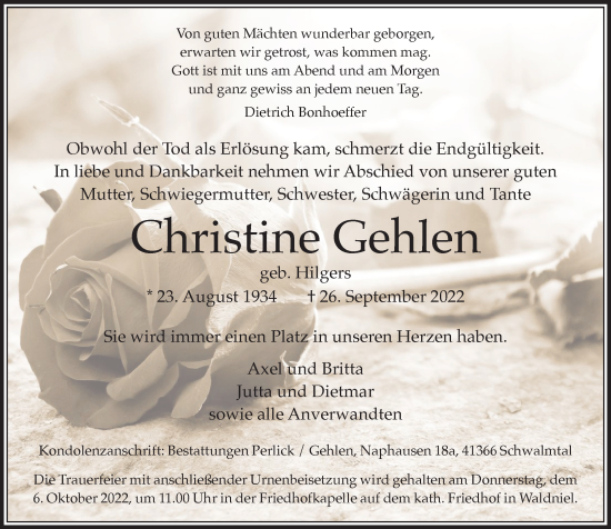 Traueranzeige von Christine Gehlen von trauer.extra-tipp-moenchengladbach.de