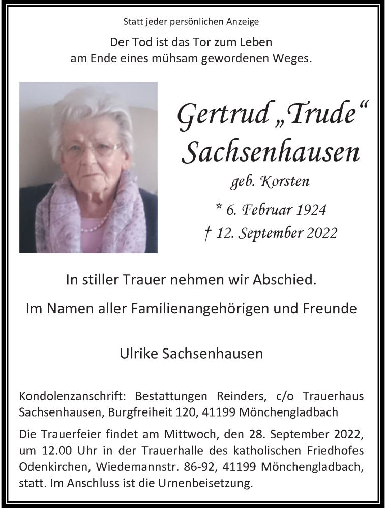  Traueranzeige für Gertrud Sachsenhausen vom 18.09.2022 aus trauer.extra-tipp-moenchengladbach.de