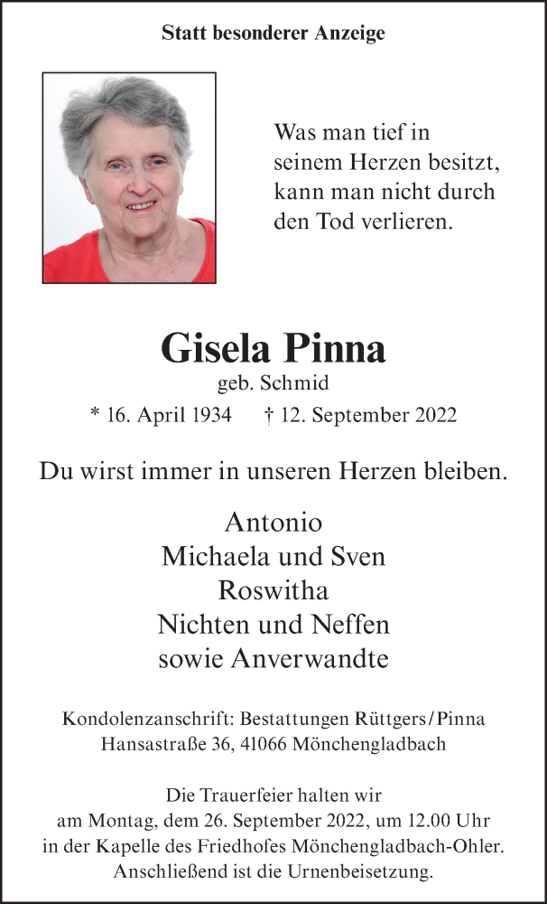  Traueranzeige für Gisela Pinna vom 18.09.2022 aus trauer.extra-tipp-moenchengladbach.de
