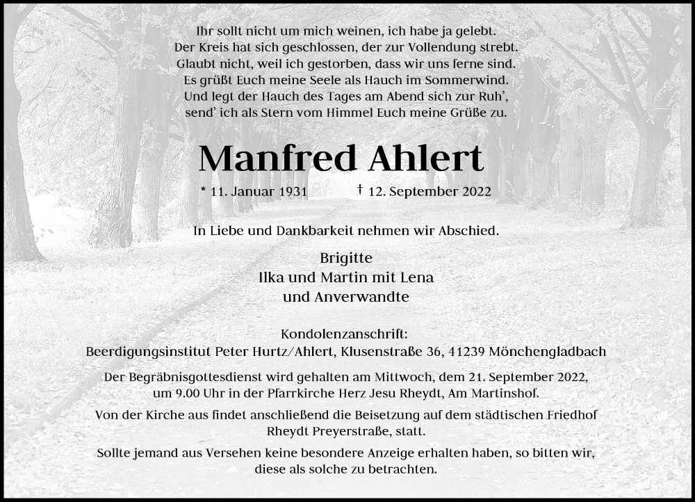  Traueranzeige für Manfred Ahlert vom 18.09.2022 aus trauer.extra-tipp-moenchengladbach.de