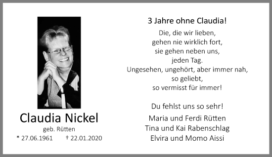 Traueranzeige von Claudia Nickel von trauer.extra-tipp-moenchengladbach.de