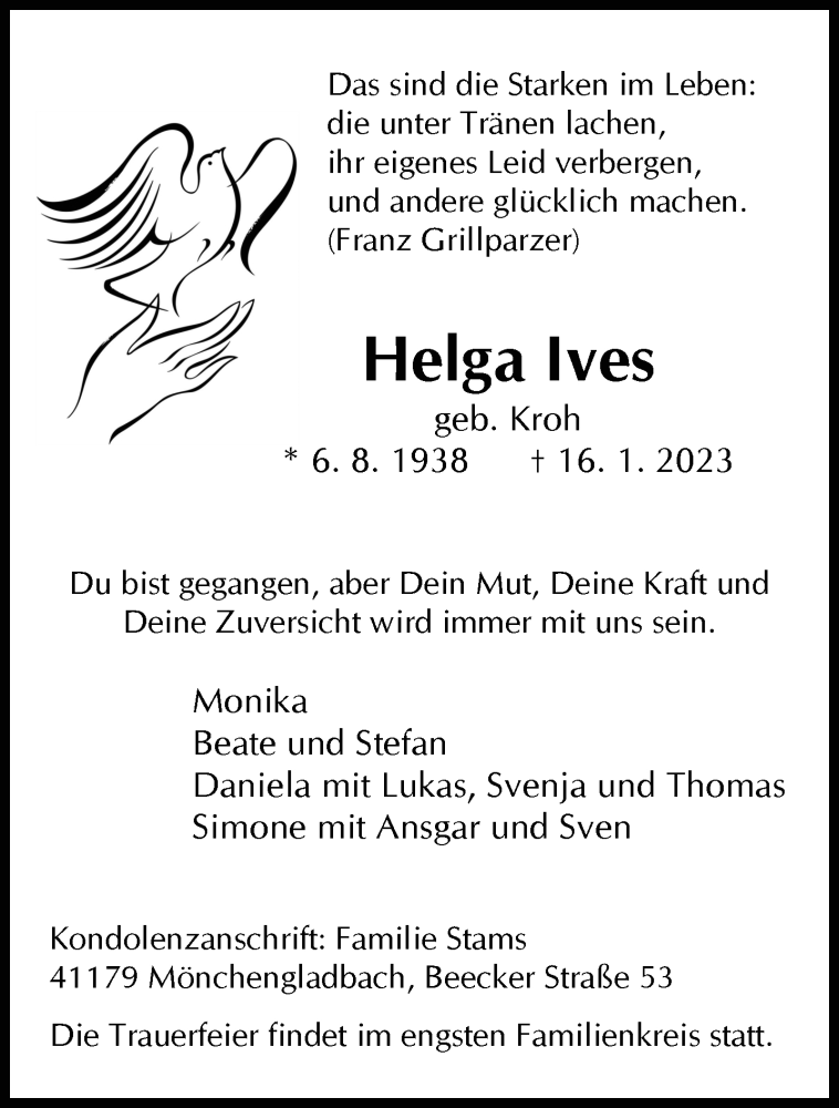  Traueranzeige für Helga lves vom 22.01.2023 aus trauer.extra-tipp-moenchengladbach.de