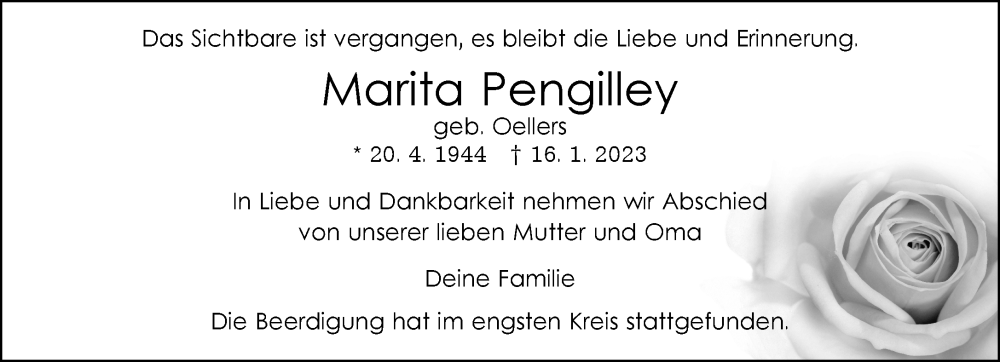  Traueranzeige für Marita Pengilley vom 22.01.2023 aus trauer.extra-tipp-moenchengladbach.de