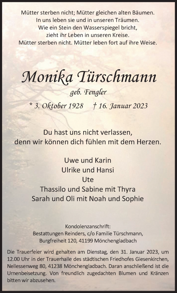  Traueranzeige für Monika Türschmann vom 22.01.2023 aus trauer.extra-tipp-moenchengladbach.de
