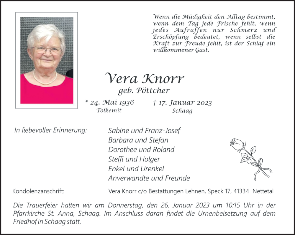  Traueranzeige für Vera Knorr vom 22.01.2023 aus trauer.extra-tipp-moenchengladbach.de