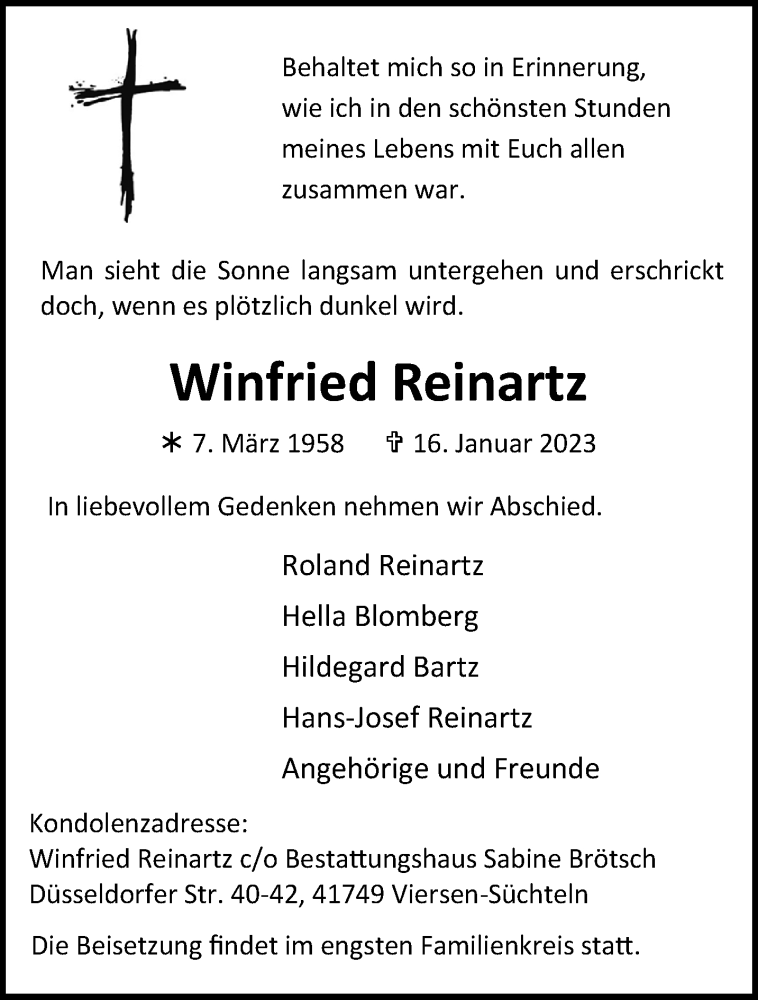  Traueranzeige für Winfried Reinartz vom 22.01.2023 aus trauer.extra-tipp-moenchengladbach.de