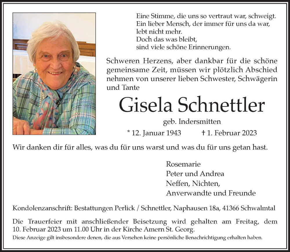  Traueranzeige für Gisela Schnettler vom 05.02.2023 aus trauer.extra-tipp-moenchengladbach.de