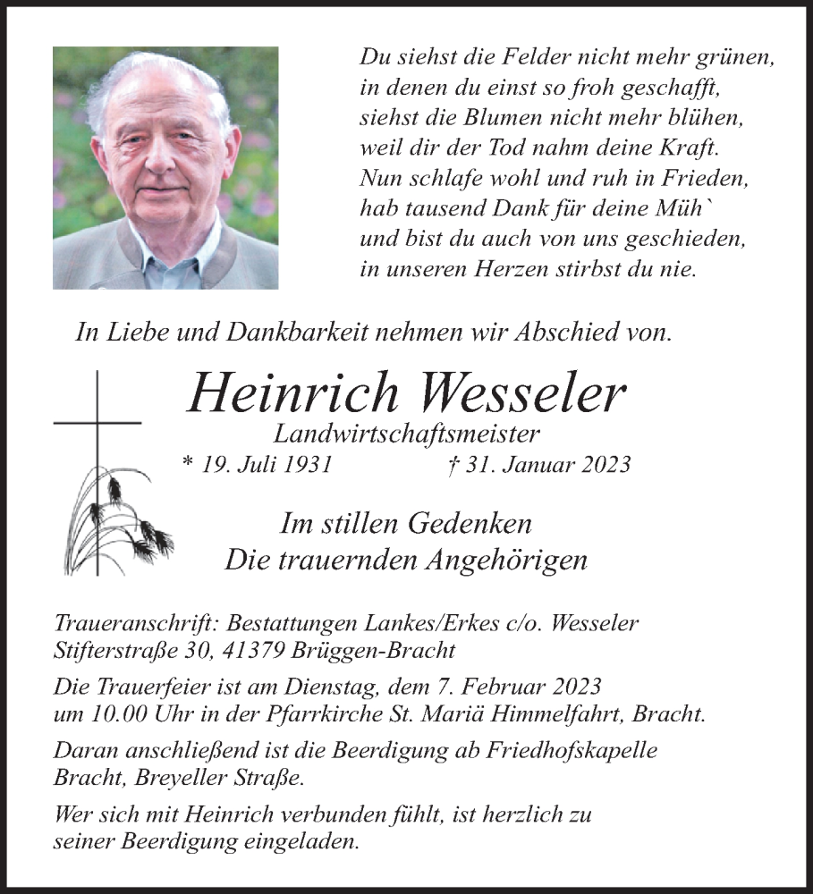  Traueranzeige für Heinrich Wesseler vom 05.02.2023 aus trauer.extra-tipp-moenchengladbach.de