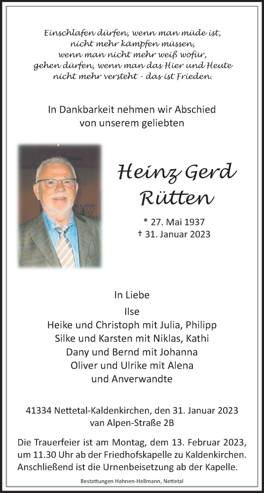  Traueranzeige für Heinz Gerd Rütten vom 05.02.2023 aus trauer.extra-tipp-moenchengladbach.de