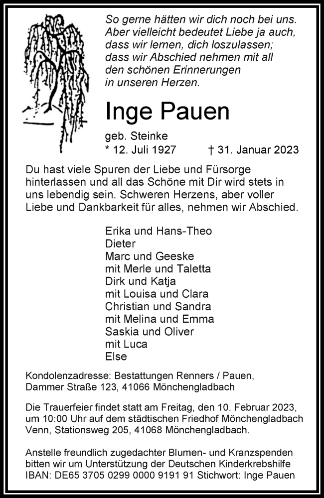 Traueranzeige für Inge Pauen vom 05.02.2023 aus trauer.extra-tipp-moenchengladbach.de