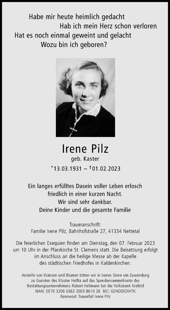  Traueranzeige für Irene Pilz vom 05.02.2023 aus trauer.extra-tipp-moenchengladbach.de