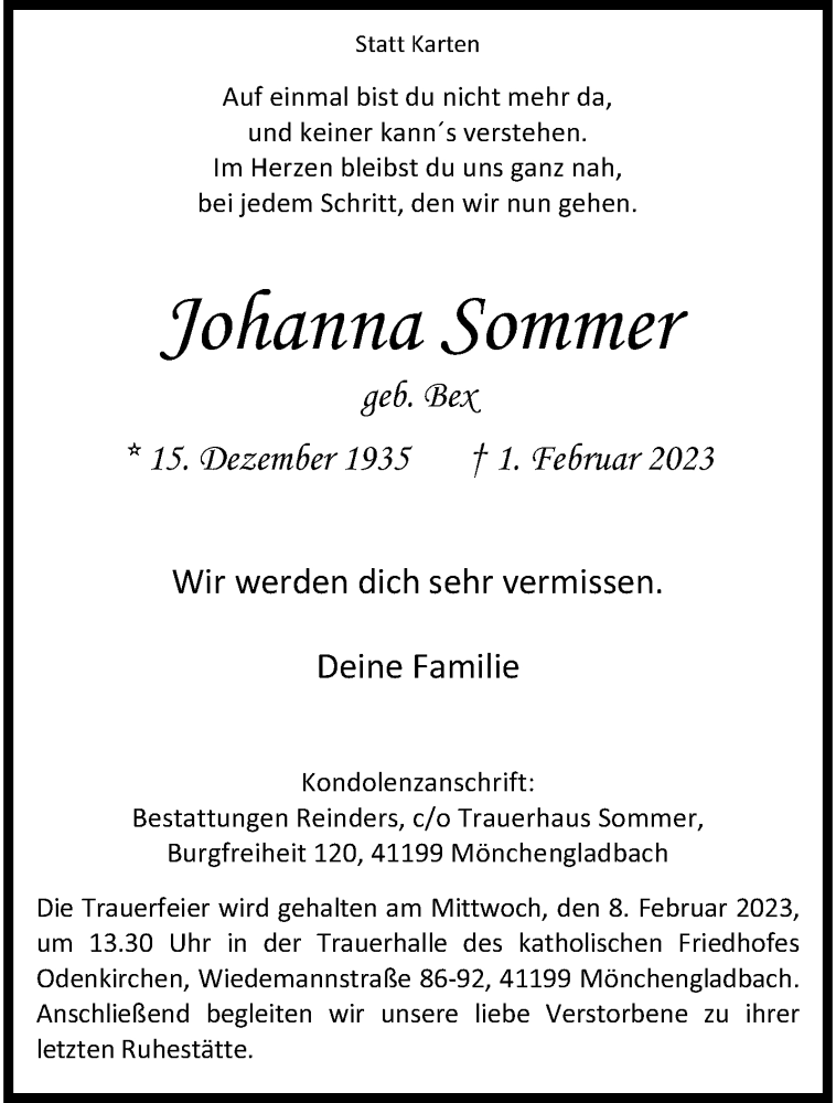  Traueranzeige für Johanna Sommer vom 05.02.2023 aus trauer.extra-tipp-moenchengladbach.de