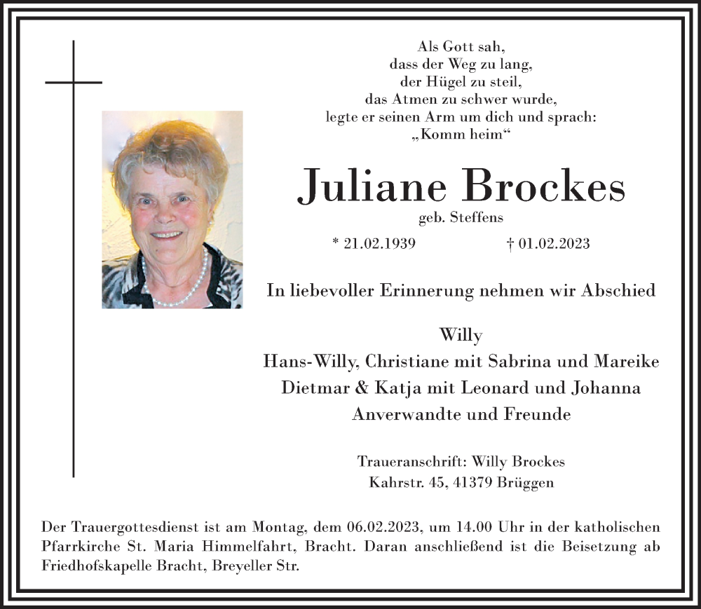  Traueranzeige für Juliane Brockes vom 05.02.2023 aus trauer.extra-tipp-moenchengladbach.de