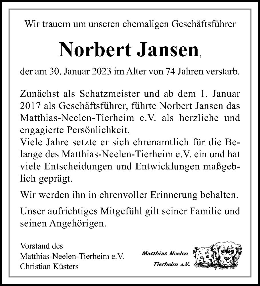  Traueranzeige für Norbert Jansen vom 12.02.2023 aus trauer.extra-tipp-moenchengladbach.de