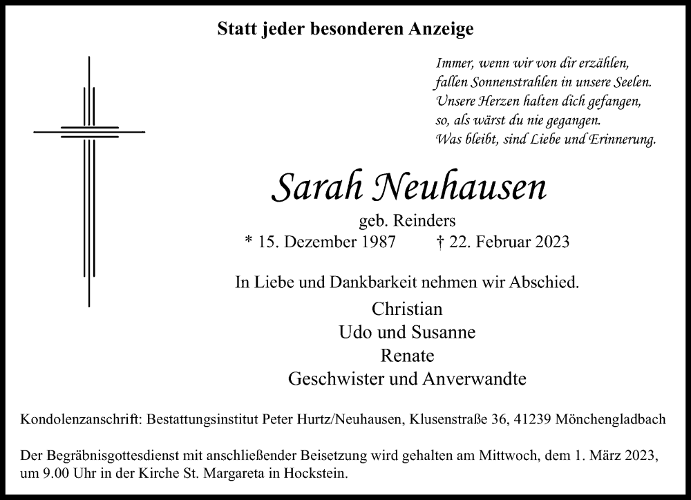  Traueranzeige für Sarah Neuhausen vom 26.02.2023 aus trauer.extra-tipp-moenchengladbach.de