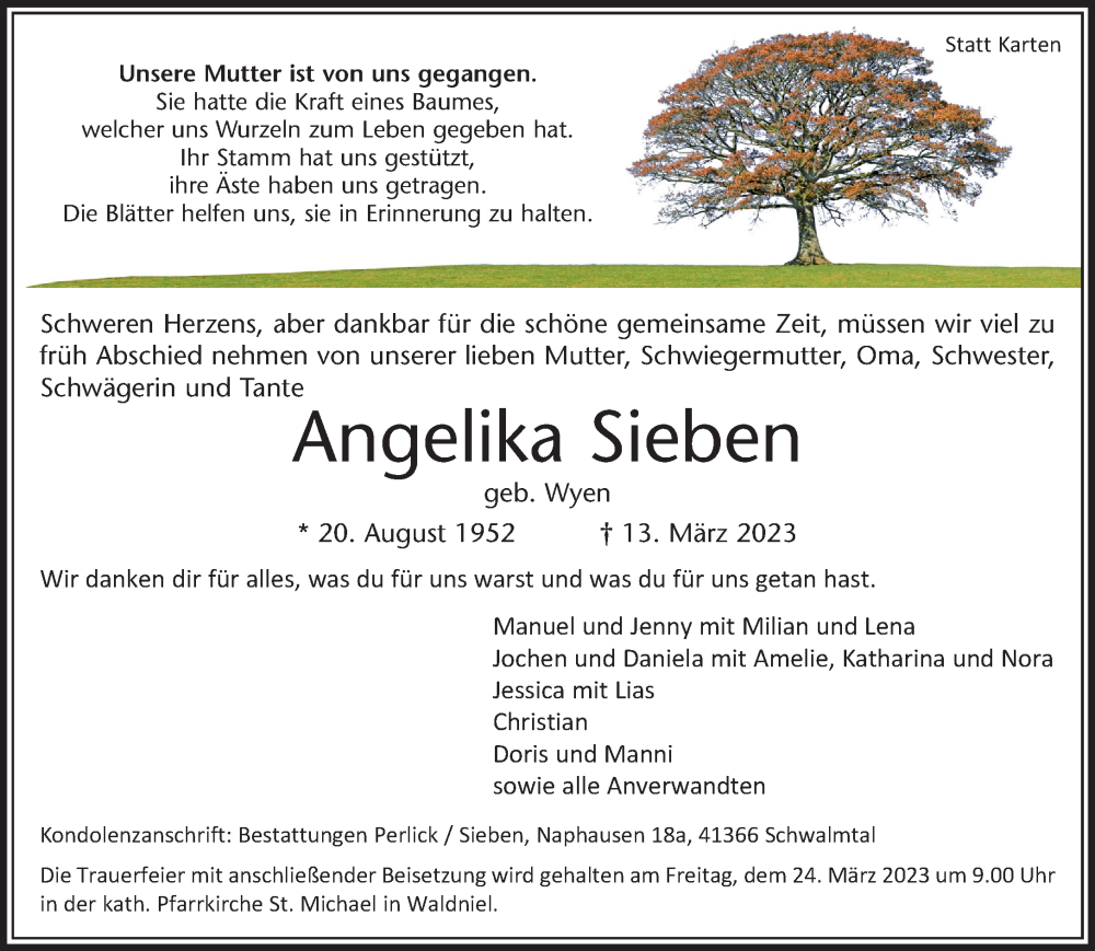  Traueranzeige für Angelika Sieben vom 19.03.2023 aus trauer.extra-tipp-moenchengladbach.de